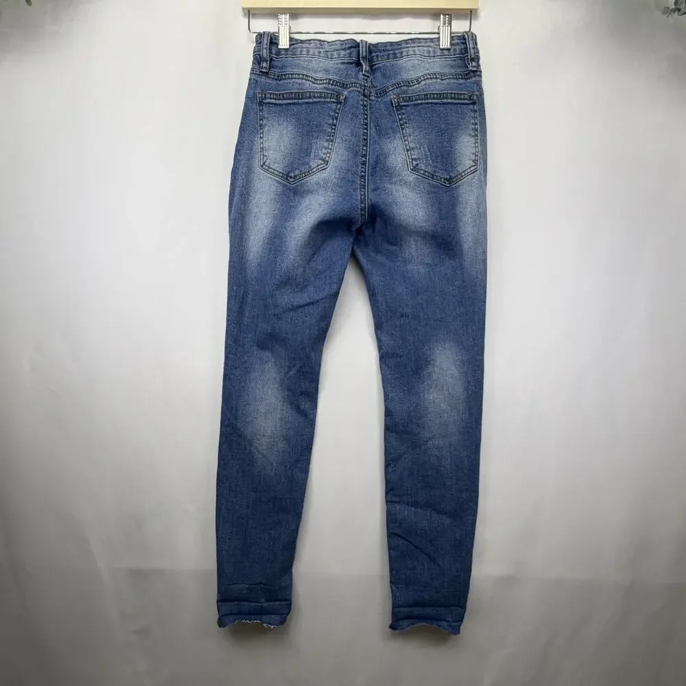 Angel Kiss Pearl Detail Jeans Women Juniors 7 Blue Skinny Destructed Rolled Cuff